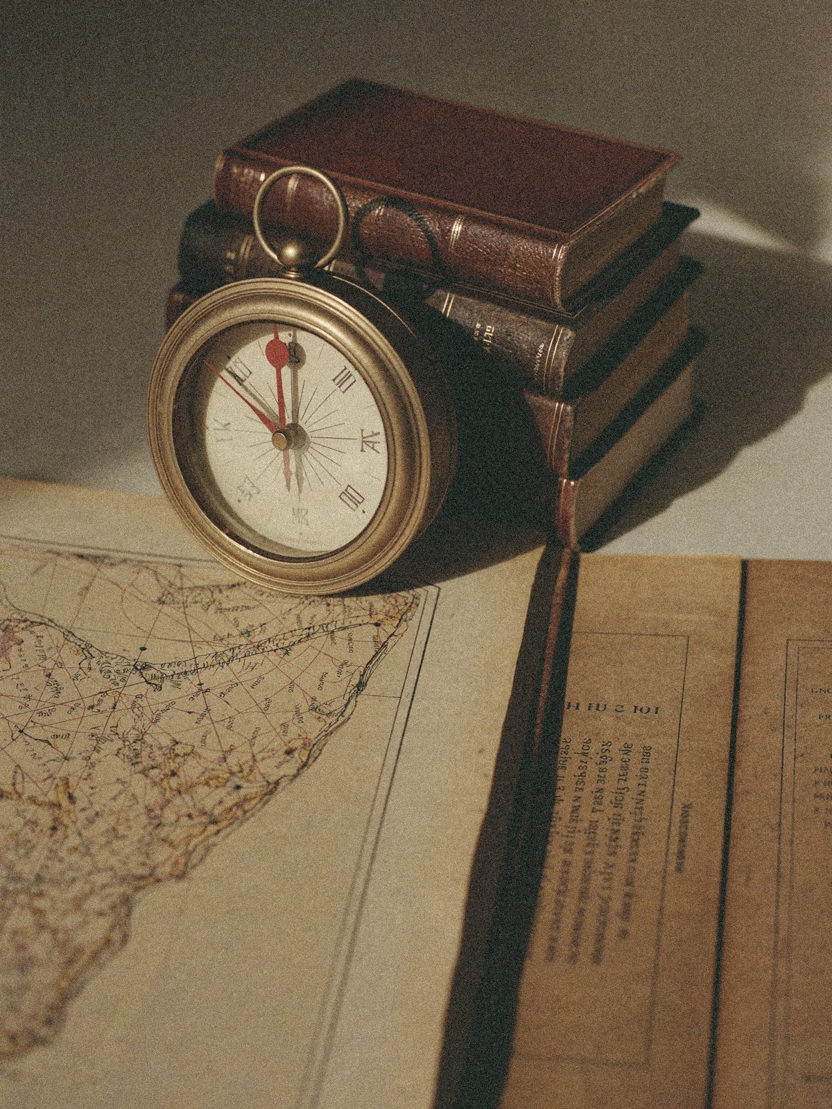 Antique brass compass resting on old maps beside leather-bound books