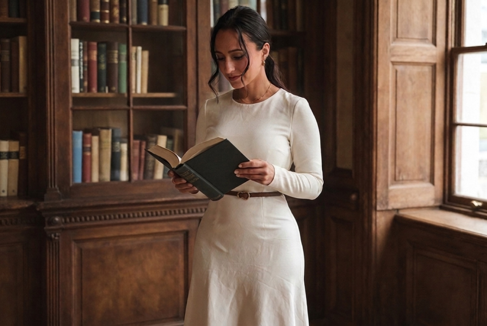 Blaire Ward in a cream long-sleeved dress reading a green clothbound book in an old library